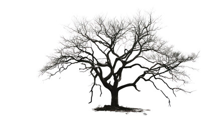 A large tree with no leaves is depicted in black and white