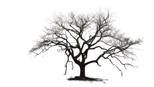 A large tree with no leaves is depicted in black and white