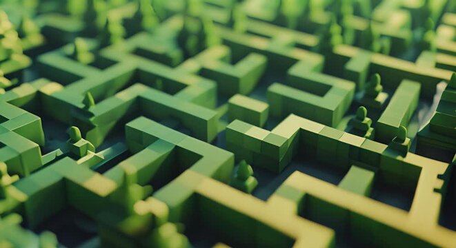 Low poly geometric maze, challenging viewers to navigate through its intricate paths,