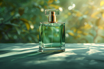 A square perfume bottle with green liquid sits on a shaded table, illuminated by soft sunlight filtering through foliage in the background