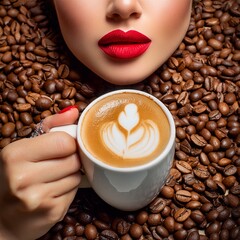 Hübsche Frau mir roten Lippen hält eine Tasse Kaffee in der Hand. 