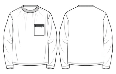 Men's long sleeve Crew neck T Shirt with pockets flat sketch fashion illustration drawing template mock up with front and back view