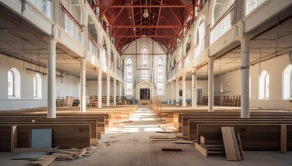 An empty church with wooden benches and large windows, showing a serene atmosphere