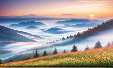 Amazing nature scenery, mountains under morning mist