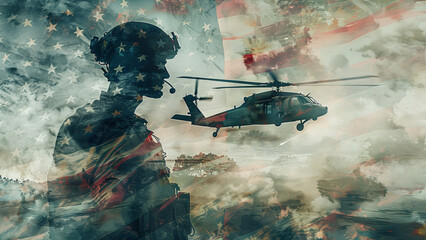 Courageous Defender: Double Exposure Portrait of Resolute American Soldier and US Flag