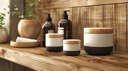 Elegant Jars with Toiletries Arranged on a Polished Wooden Surface