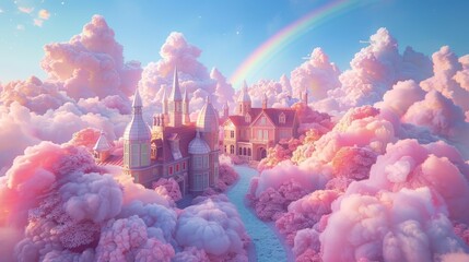 A cityscape where buildings are made of clouds and streets are paved with rainbows, creating a whimsical and dreamlike atmosphere