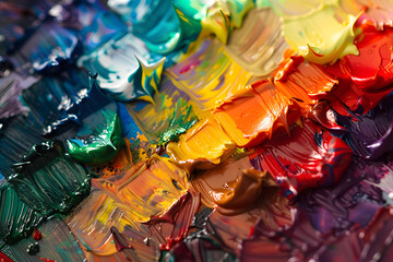 Close-up of a painter’s palette with various colors mixed together, focusing on the texture and richness of the paint