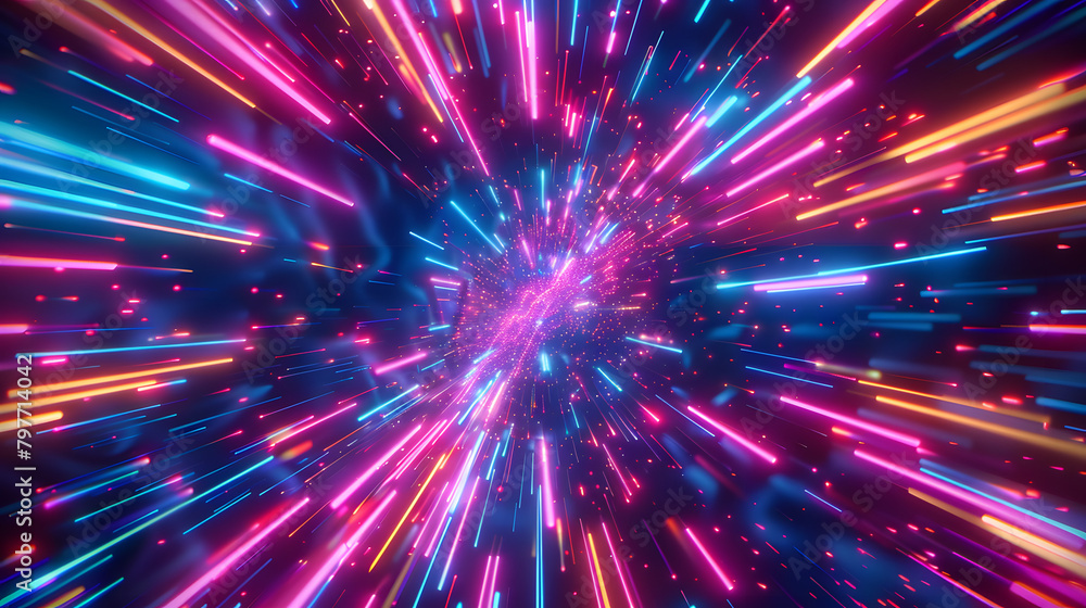 Poster neon lines converging in a psychedelic explosion of color 3d style isolated flying objects memphis s