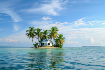 House on a small island with palm trees in the middle of the sea. Generative AI