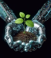 Closeup of seedlings in the palm of a robot, technology background and landscape generative ai art