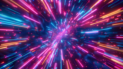 Neon lines converging in a psychedelic explosion of color 3d style isolated flying objects memphis style 3d render AI generated illustration