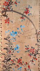 Fototapeta premium Old antique Japanese kakejiku, kakemono, kacho-ga, with thoughts and signatures of international personalities of history, culture and arts.