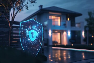 Futuristic security system with holographic shield and lock