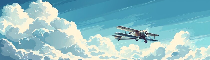 Vintage aviation background with stylized biplanes and clouds, nostalgic and airy, vector art, sky blue and white palette, no modern aircraft