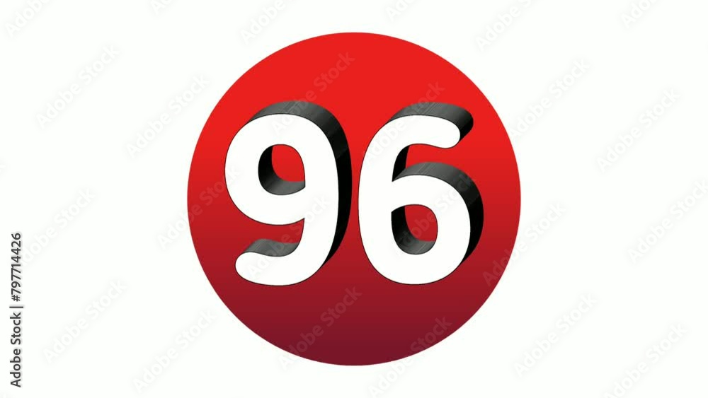 Poster 3d number 96 ninety six sign symbol animation motion graphics icon on red sphere on white background