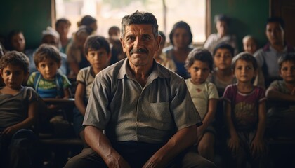 Fototapeta premium A man sits in front of a group of attentive children during a community workshop