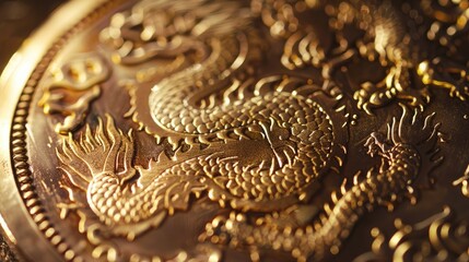 Close-up of a shiny gold coin with intricate engravings