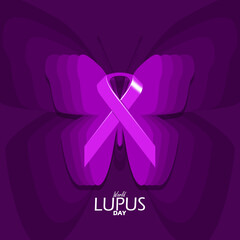 World Lupus Day event banner. A purple ribbon with illustration of  butterfly on dark purple background to commemorate on May 10th