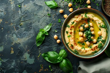 A bowl of hummus with spinach and chickpeas on a table with other food items around it a stock