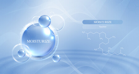 Moisturizer and hyaluronic acid on a blue background. skin care with water droplets is absorbed into the skin and cells. use ads, lotions, serums, creams. medical and scientific concepts. vector.