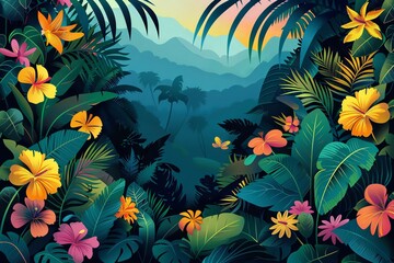 Tropical rainforest with stylized flora and fauna, exotic and vibrant, vector art, flat colors, exclude realistic animal portrayals