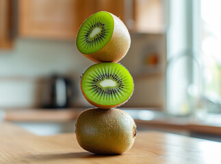 tasty and healthy fresh kiwi fruits balancing on each other, kiwis full of vitamins and antioxidants