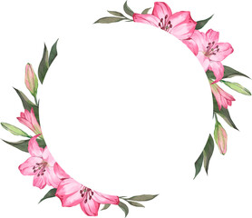 Round frame with pink lilies and leaves, watercolor illustration