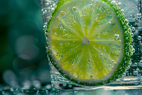 Macro shot of a green lime slice resting on the rim of a glass filled with sparkling water, capturing the freshness of summer