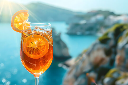 Close-up of a refreshing spritz cocktail adorned with an orange slice, overlooking a sunny coastal landscape
