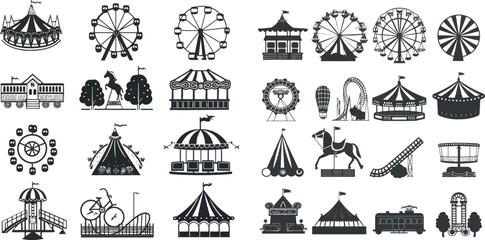 Amusement park black icons. Recreation fun attractions signs, carnival carrousel, circus ticket service, skyline train rollercoaster and festival fun tents symbols