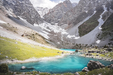 Mountain panorama, landscape with rocky peaks and blue turquoise lake Ziyorat in the Fan Mountains...