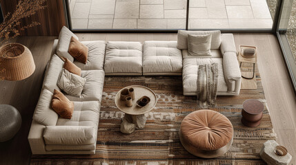 Fototapeta premium Top view of a cozy living room with a sectional sofa and modern furniture, with a natural light background, concept of home interior. Generative AI