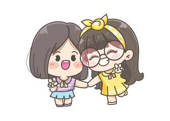 Cute girls are friends. They stood and hugged each other and had cheerful expressions. children character cartoon vector illustration