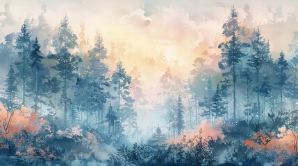 A serene watercolor forest scene with towering trees and soft pastel hues, evoking a sense of tranquility and connection with nature