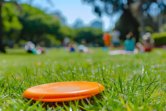 Macro shot of a frisbee lying on the lawn, with summer picnic items and people playing in the background