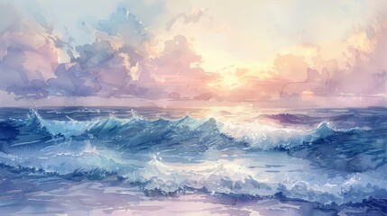 A serene watercolor seascape with gentle waves and soft pastel hues, evoking a sense of calm and relaxation