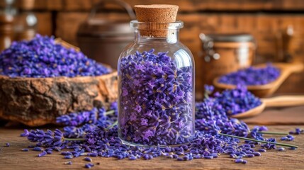 raw Lavender in the transparant bottle package, kitchen background setting