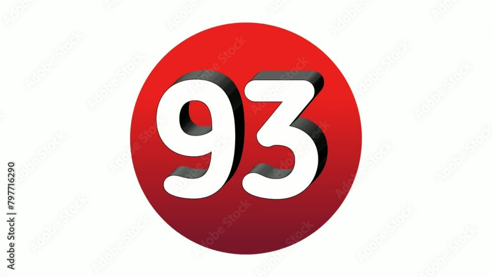 Poster 3d number 93 ninety three sign symbol animation motion graphics icon on red sphere on white backgrou