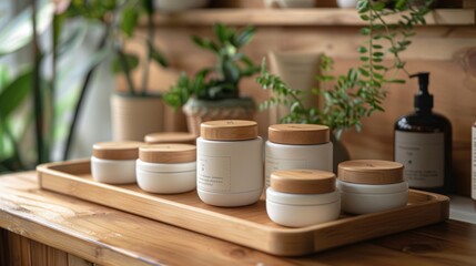 Elegant Jars with Toiletries Arranged on a Polished Wooden Surface