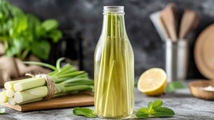 raw Lemongrass in the transparant bottle package, kitchen background setting