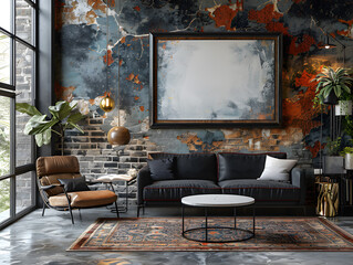 Sleek Contrast: White Frame Mockup Against Textured Stone Wall in Modern Living Room