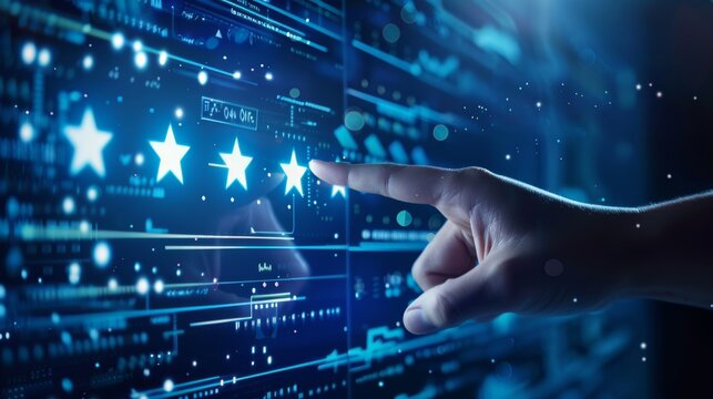 Hand pointing to a five-star digital rating on a virtual interface.