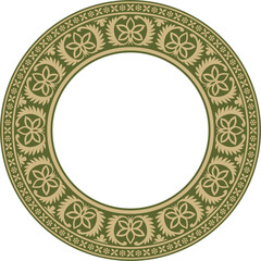 Vector round gold and green Indian national ornament. Ethnic plant circle, border. Frame, flower ring. Poppies and leaves