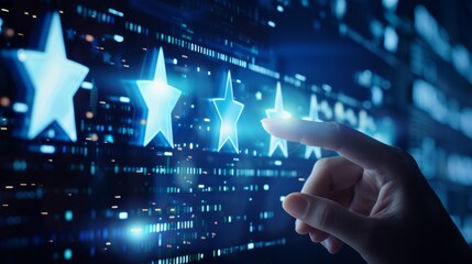 Hand pointing to a five-star digital rating on a virtual interface.