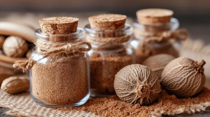 raw Nutmeg in the transparant bottle package, kitchen background setting