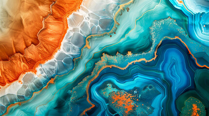 Agate-Inspired Glossy Surface in Teal Blue and Bright Orange Alcohol Ink.