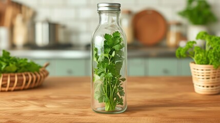 raw Parsley in the transparant bottle package, kitchen background setting