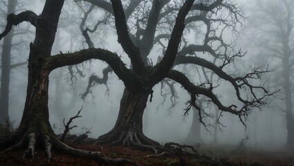  A gnarled tree with a twisted trunk and limbs that resemble outstretched claws, looming ominously in the fog ai_generated