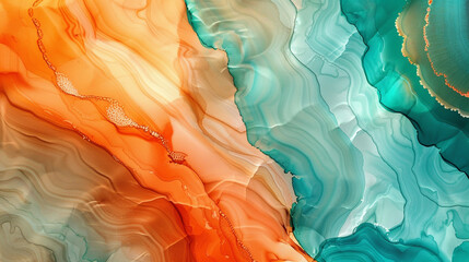 Tropical Tones Swirling Alcohol Ink in Orange and Teal, High Resolution with Agate-Like Texture.